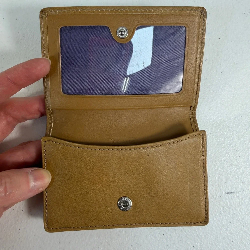 Coach Card Holder Signature Jacquard Leather Trim ID Holder Window Brown‎ Tan